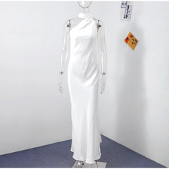 Elegant Solid Ribbon Women Halter Dress Off Shoulder Sleeveless Backless Slim Female Maxi Dresses 2025 Summer New Chic Lady Robe - BLOOM CART