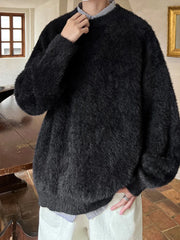 Autumn Men's Solid Fluffy Knitted Sweaters New Korean Fashion Loose Warm Pullovers Winter Couples Y2K Vintage Knitwear Jumpers - BLOOM CART