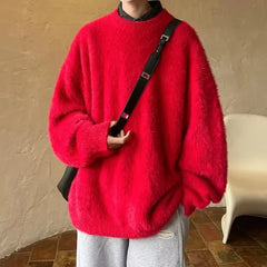 Autumn Men's Solid Fluffy Knitted Sweaters New Korean Fashion Loose Warm Pullovers Winter Couples Y2K Vintage Knitwear Jumpers - BLOOM CART
