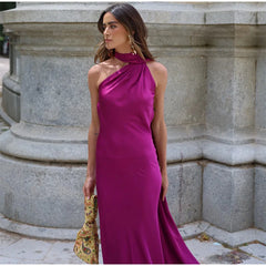 Elegant Solid Ribbon Women Halter Dress Off Shoulder Sleeveless Backless Slim Female Maxi Dresses 2025 Summer New Chic Lady Robe - BLOOM CART