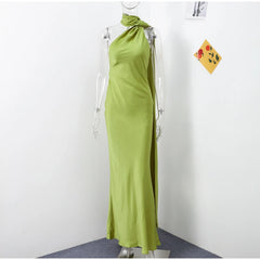 Elegant Solid Ribbon Women Halter Dress Off Shoulder Sleeveless Backless Slim Female Maxi Dresses 2025 Summer New Chic Lady Robe - BLOOM CART
