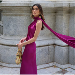 Elegant Solid Ribbon Women Halter Dress Off Shoulder Sleeveless Backless Slim Female Maxi Dresses 2025 Summer New Chic Lady Robe - BLOOM CART