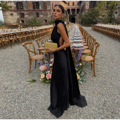 Elegant Solid Ribbon Women Halter Dress Off Shoulder Sleeveless Backless Slim Female Maxi Dresses 2025 Summer New Chic Lady Robe - BLOOM CART
