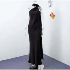 Elegant Solid Ribbon Women Halter Dress Off Shoulder Sleeveless Backless Slim Female Maxi Dresses 2025 Summer New Chic Lady Robe - BLOOM CART