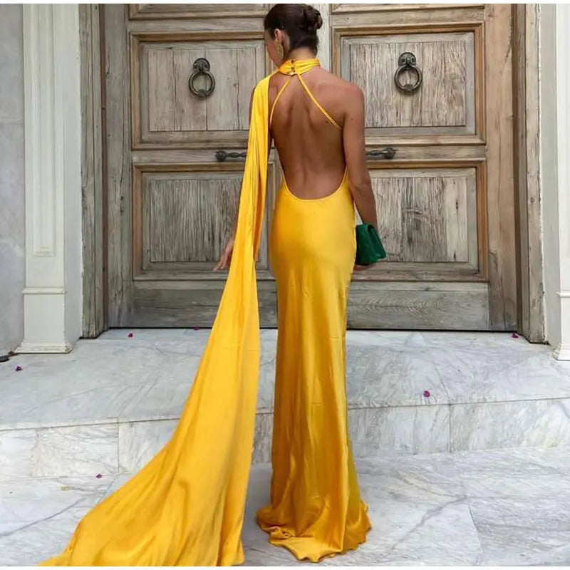Elegant Solid Ribbon Women Halter Dress Off Shoulder Sleeveless Backless Slim Female Maxi Dresses 2025 Summer New Chic Lady Robe - BLOOM CART