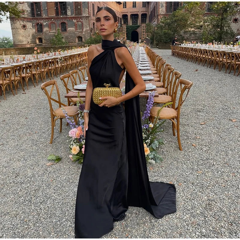 Elegant Solid Ribbon Women Halter Dress Off Shoulder Sleeveless Backless Slim Female Maxi Dresses 2025 Summer New Chic Lady Robe - BLOOM CART