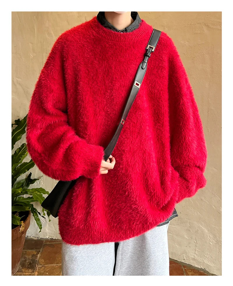 Autumn Men's Solid Fluffy Knitted Sweaters New Korean Fashion Loose Warm Pullovers Winter Couples Y2K Vintage Knitwear Jumpers - BLOOM CART