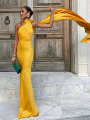 Elegant Solid Ribbon Women Halter Dress Off Shoulder Sleeveless Backless Slim Female Maxi Dresses 2025 Summer New Chic Lady Robe - BLOOM CART