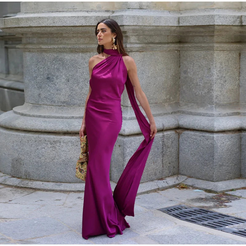 Elegant Solid Ribbon Women Halter Dress Off Shoulder Sleeveless Backless Slim Female Maxi Dresses 2025 Summer New Chic Lady Robe - BLOOM CART