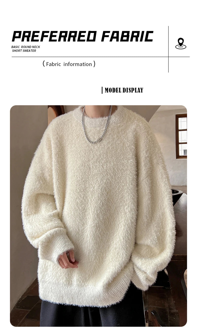 Autumn Men's Solid Fluffy Knitted Sweaters New Korean Fashion Loose Warm Pullovers Winter Couples Y2K Vintage Knitwear Jumpers - BLOOM CART