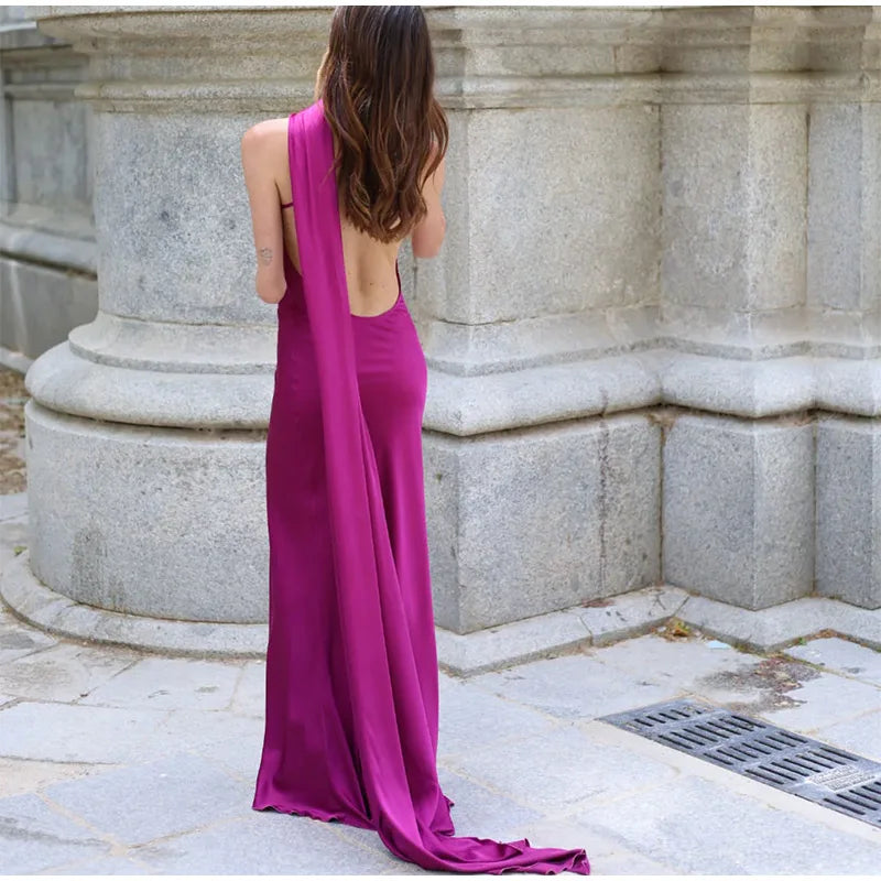 Elegant Solid Ribbon Women Halter Dress Off Shoulder Sleeveless Backless Slim Female Maxi Dresses 2025 Summer New Chic Lady Robe - BLOOM CART