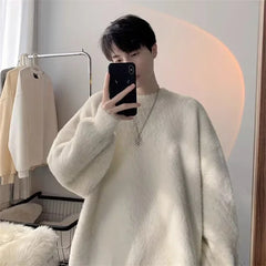 Autumn Men's Solid Fluffy Knitted Sweaters New Korean Fashion Loose Warm Pullovers Winter Couples Y2K Vintage Knitwear Jumpers - BLOOM CART