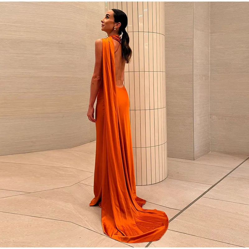 Elegant Solid Ribbon Women Halter Dress Off Shoulder Sleeveless Backless Slim Female Maxi Dresses 2025 Summer New Chic Lady Robe - BLOOM CART