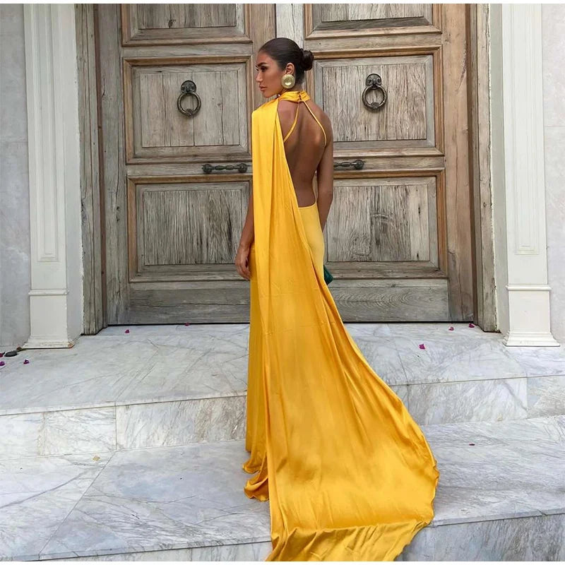 Elegant Solid Ribbon Women Halter Dress Off Shoulder Sleeveless Backless Slim Female Maxi Dresses 2025 Summer New Chic Lady Robe - BLOOM CART