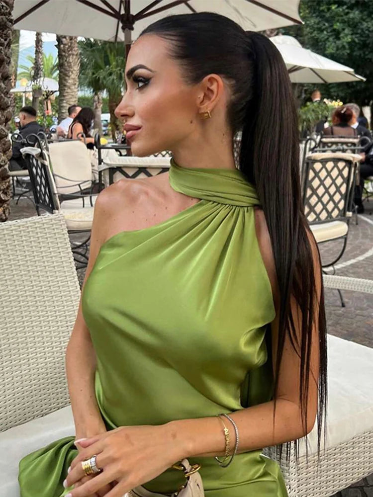 Elegant Solid Ribbon Women Halter Dress Off Shoulder Sleeveless Backless Slim Female Maxi Dresses 2025 Summer New Chic Lady Robe - BLOOM CART