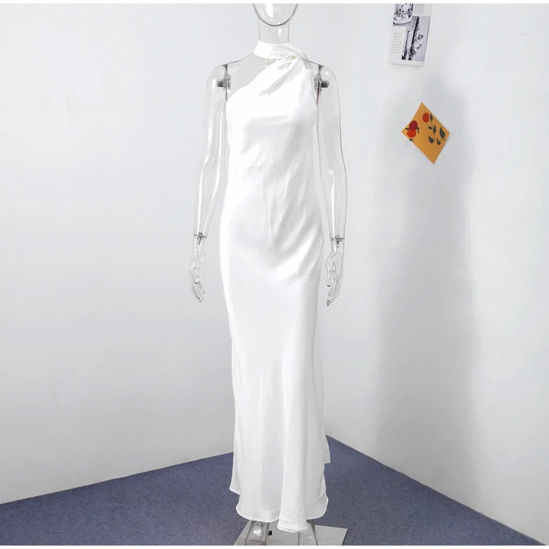 Elegant Solid Ribbon Women Halter Dress Off Shoulder Sleeveless Backless Slim Female Maxi Dresses 2025 Summer New Chic Lady Robe - BLOOM CART
