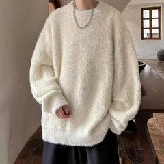 Autumn Men's Solid Fluffy Knitted Sweaters New Korean Fashion Loose Warm Pullovers Winter Couples Y2K Vintage Knitwear Jumpers - BLOOM CART