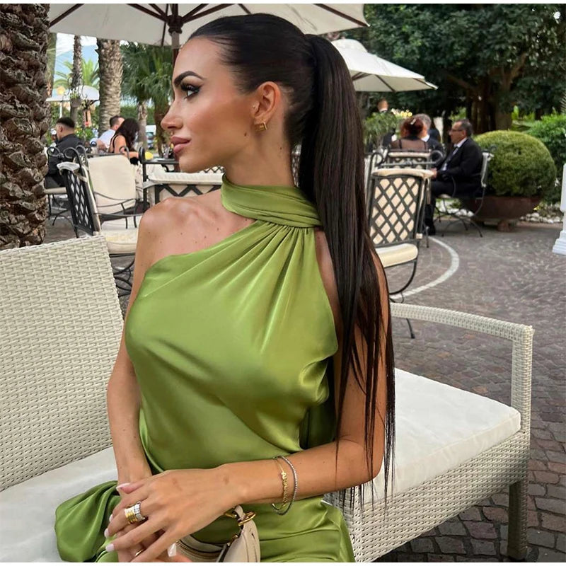 Elegant Solid Ribbon Women Halter Dress Off Shoulder Sleeveless Backless Slim Female Maxi Dresses 2025 Summer New Chic Lady Robe - BLOOM CART