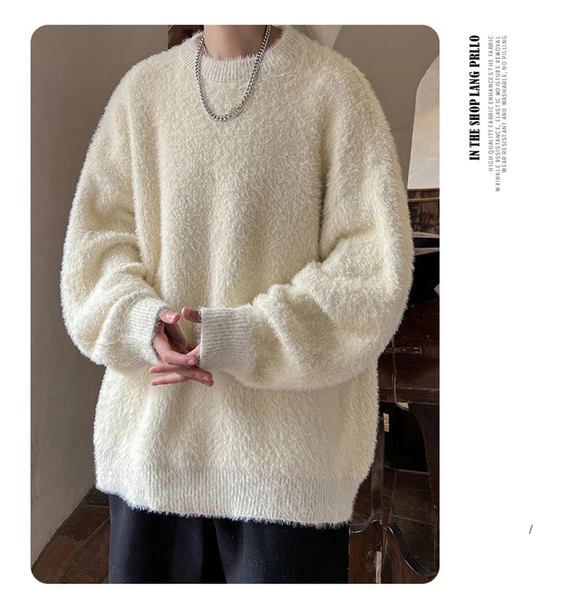 Autumn Men's Solid Fluffy Knitted Sweaters New Korean Fashion Loose Warm Pullovers Winter Couples Y2K Vintage Knitwear Jumpers - BLOOM CART