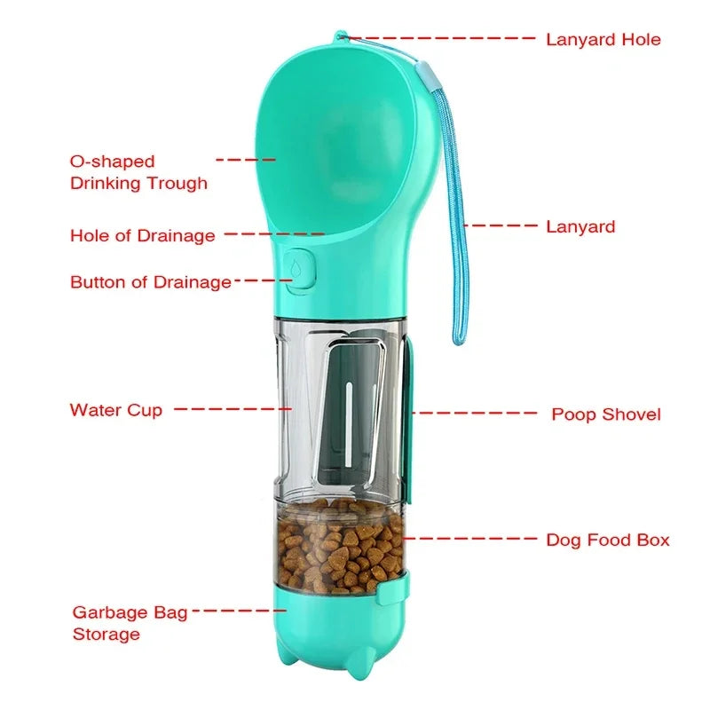 Portable cat and dog water bottle, food feeder, drinking fountain, 3 in 1 poop dispenser, leak proof, BLOOM CART