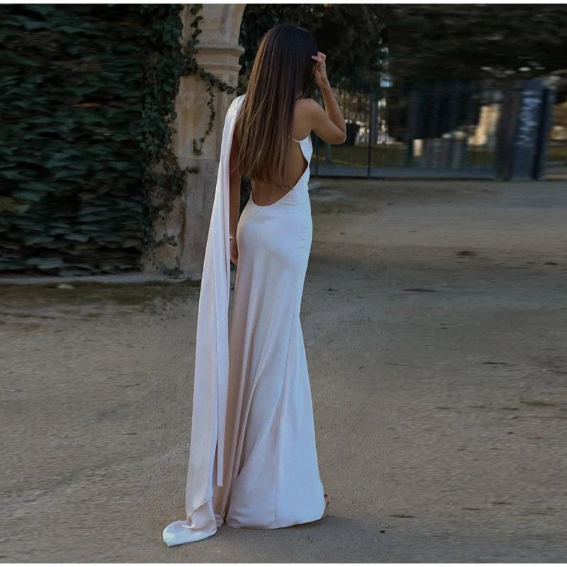 Elegant Solid Ribbon Women Halter Dress Off Shoulder Sleeveless Backless Slim Female Maxi Dresses 2025 Summer New Chic Lady Robe - BLOOM CART