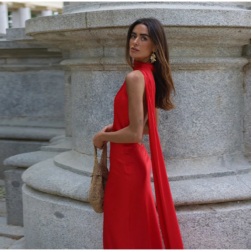 Elegant Solid Ribbon Women Halter Dress Off Shoulder Sleeveless Backless Slim Female Maxi Dresses 2025 Summer New Chic Lady Robe - BLOOM CART