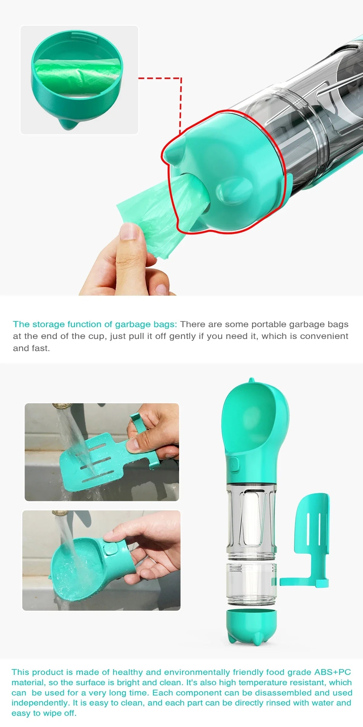 Portable cat and dog water bottle, food feeder, drinking fountain, 3 in 1 poop dispenser, leak proof, BLOOM CART
