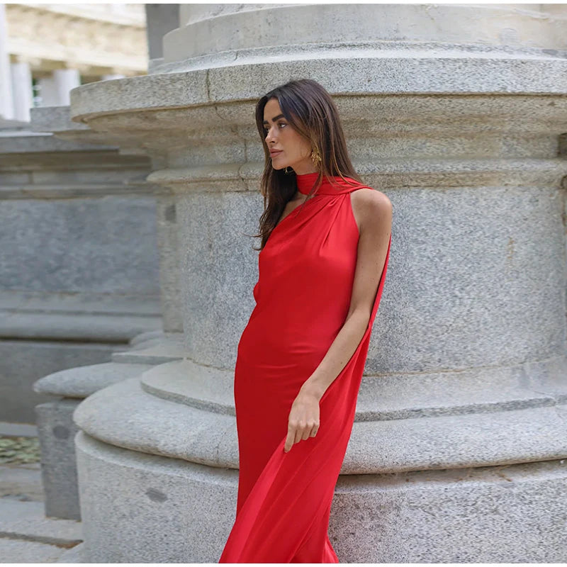 Elegant Solid Ribbon Women Halter Dress Off Shoulder Sleeveless Backless Slim Female Maxi Dresses 2025 Summer New Chic Lady Robe - BLOOM CART