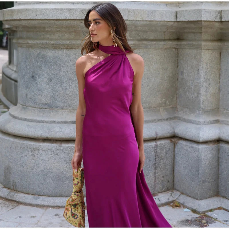 Elegant Solid Ribbon Women Halter Dress Off Shoulder Sleeveless Backless Slim Female Maxi Dresses 2025 Summer New Chic Lady Robe - BLOOM CART