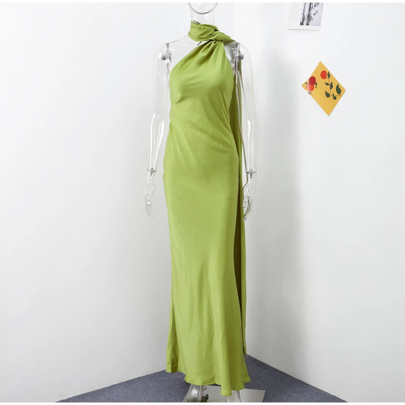 Elegant Solid Ribbon Women Halter Dress Off Shoulder Sleeveless Backless Slim Female Maxi Dresses 2025 Summer New Chic Lady Robe - BLOOM CART