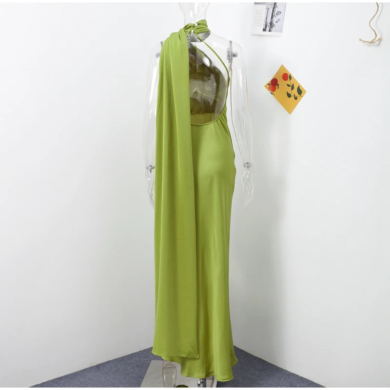 Elegant Solid Ribbon Women Halter Dress Off Shoulder Sleeveless Backless Slim Female Maxi Dresses 2025 Summer New Chic Lady Robe - BLOOM CART