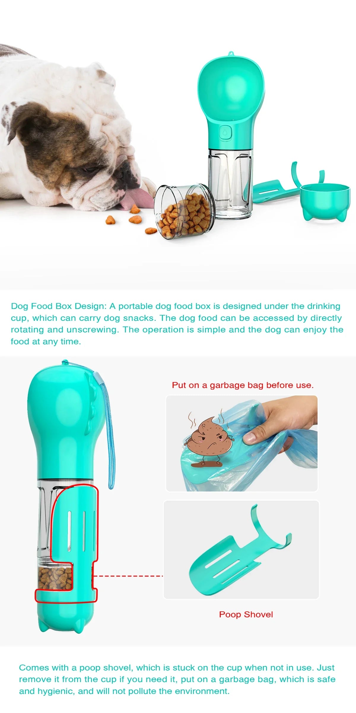 Portable cat and dog water bottle, food feeder, drinking fountain, 3 in 1 poop dispenser, leak proof, BLOOM CART