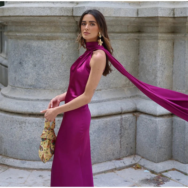 Elegant Solid Ribbon Women Halter Dress Off Shoulder Sleeveless Backless Slim Female Maxi Dresses 2025 Summer New Chic Lady Robe - BLOOM CART