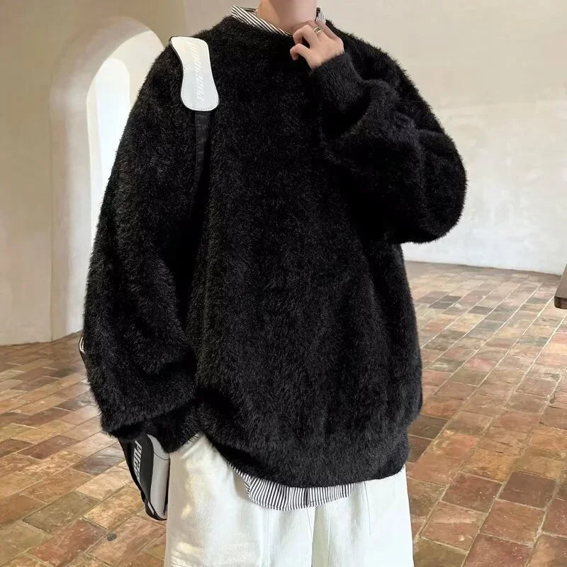 Autumn Men's Solid Fluffy Knitted Sweaters New Korean Fashion Loose Warm Pullovers Winter Couples Y2K Vintage Knitwear Jumpers - BLOOM CART