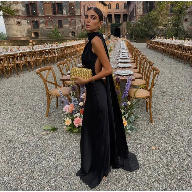 Elegant Solid Ribbon Women Halter Dress Off Shoulder Sleeveless Backless Slim Female Maxi Dresses 2025 Summer New Chic Lady Robe - BLOOM CART