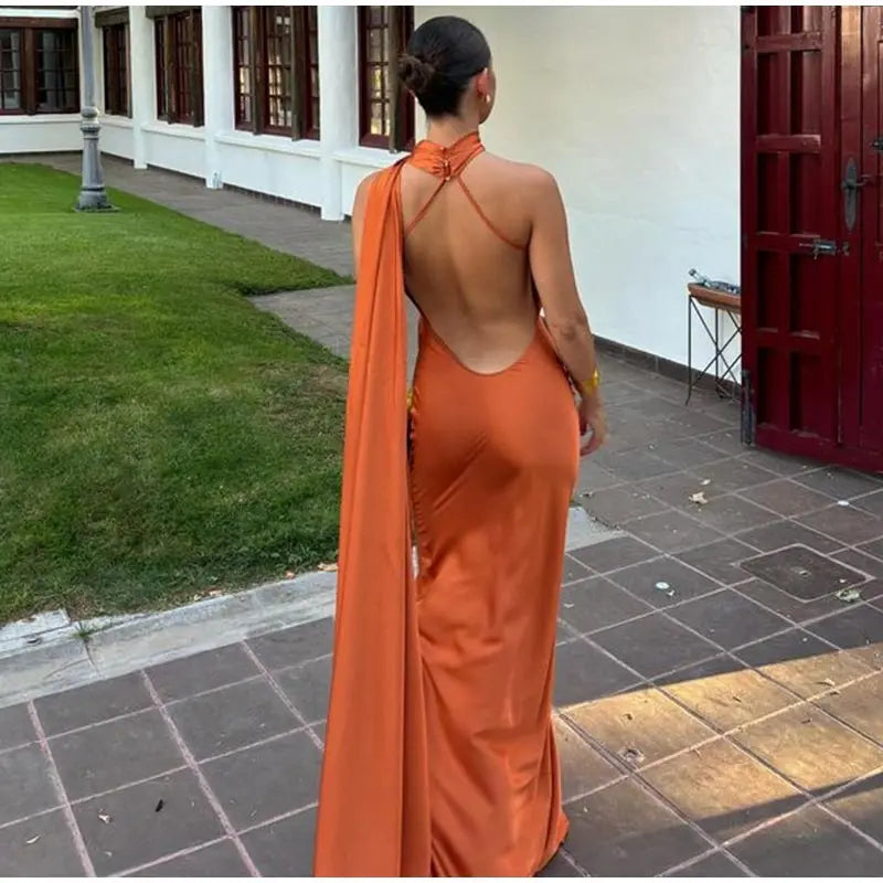 Elegant Solid Ribbon Women Halter Dress Off Shoulder Sleeveless Backless Slim Female Maxi Dresses 2025 Summer New Chic Lady Robe - BLOOM CART