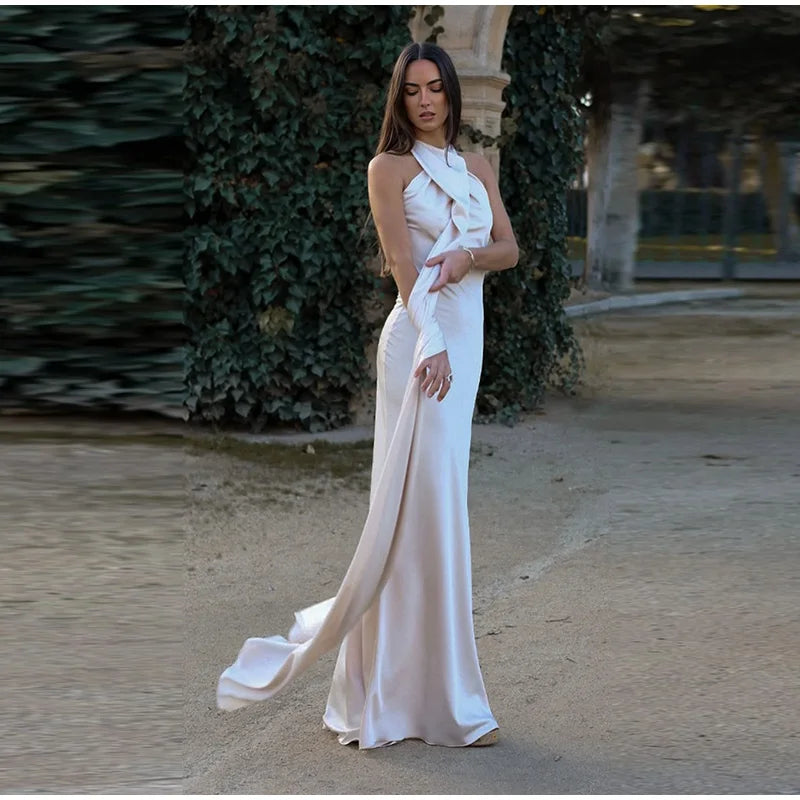 Elegant Solid Ribbon Women Halter Dress Off Shoulder Sleeveless Backless Slim Female Maxi Dresses 2025 Summer New Chic Lady Robe - BLOOM CART