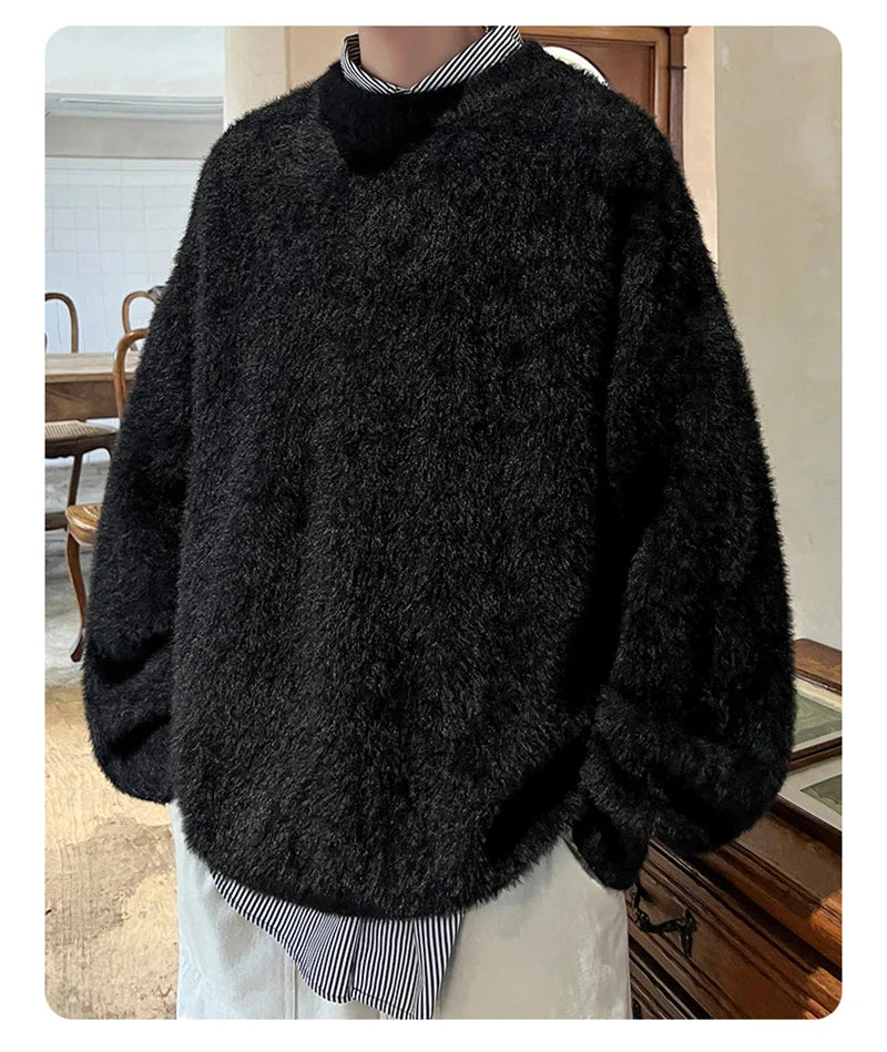 Autumn Men's Solid Fluffy Knitted Sweaters New Korean Fashion Loose Warm Pullovers Winter Couples Y2K Vintage Knitwear Jumpers - BLOOM CART