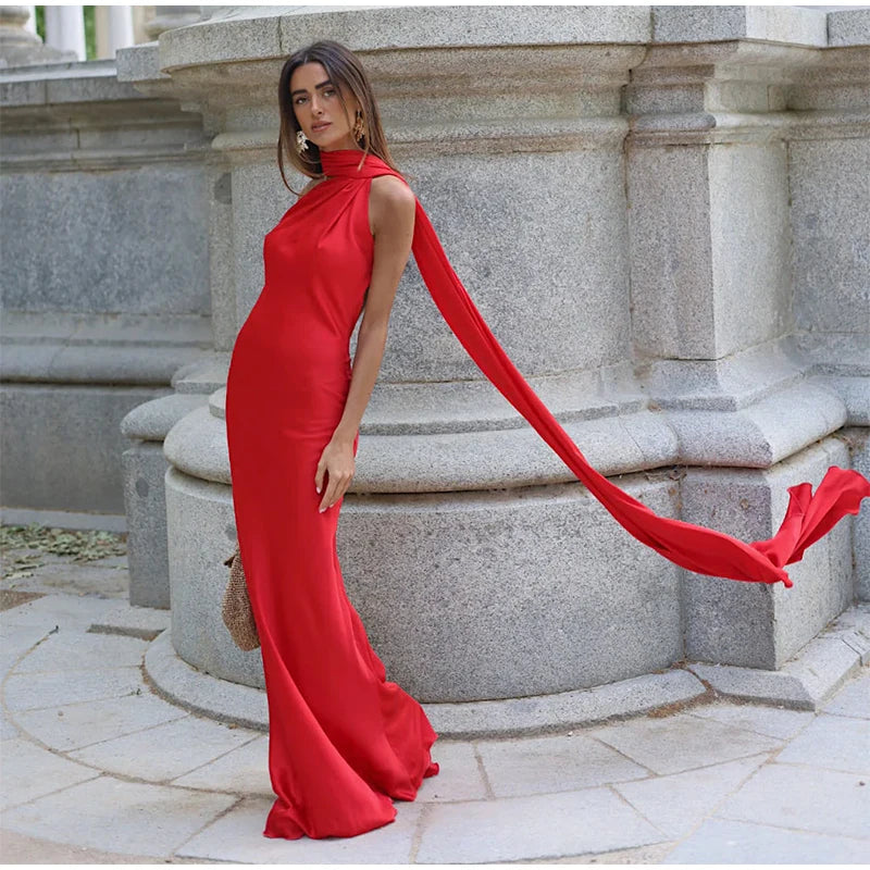 Elegant Solid Ribbon Women Halter Dress Off Shoulder Sleeveless Backless Slim Female Maxi Dresses 2025 Summer New Chic Lady Robe - BLOOM CART