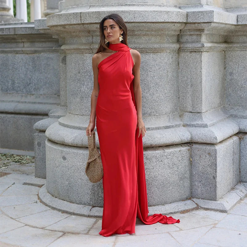 Elegant Solid Ribbon Women Halter Dress Off Shoulder Sleeveless Backless Slim Female Maxi Dresses 2025 Summer New Chic Lady Robe - BLOOM CART
