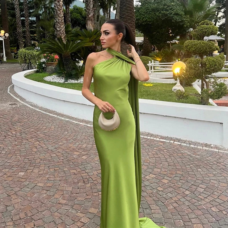 Elegant Solid Ribbon Women Halter Dress Off Shoulder Sleeveless Backless Slim Female Maxi Dresses 2025 Summer New Chic Lady Robe - BLOOM CART