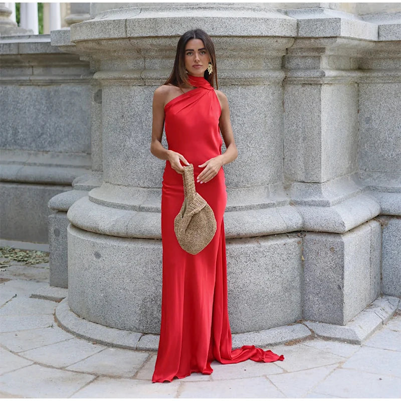 Elegant Solid Ribbon Women Halter Dress Off Shoulder Sleeveless Backless Slim Female Maxi Dresses 2025 Summer New Chic Lady Robe - BLOOM CART