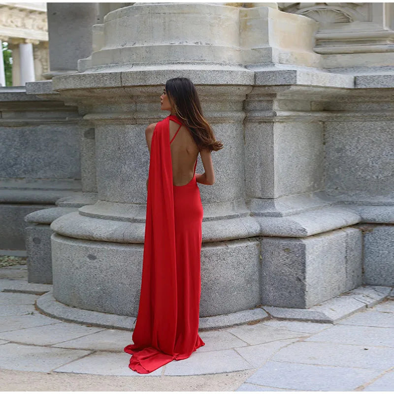 Elegant Solid Ribbon Women Halter Dress Off Shoulder Sleeveless Backless Slim Female Maxi Dresses 2025 Summer New Chic Lady Robe - BLOOM CART