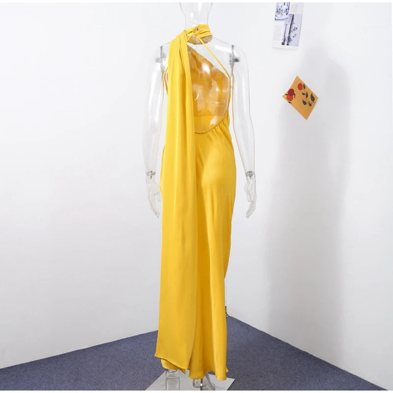 Elegant Solid Ribbon Women Halter Dress Off Shoulder Sleeveless Backless Slim Female Maxi Dresses 2025 Summer New Chic Lady Robe - BLOOM CART