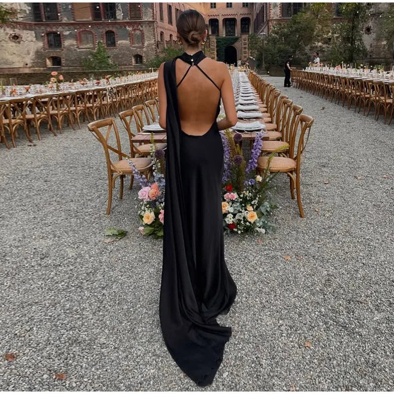 Elegant Solid Ribbon Women Halter Dress Off Shoulder Sleeveless Backless Slim Female Maxi Dresses 2025 Summer New Chic Lady Robe - BLOOM CART