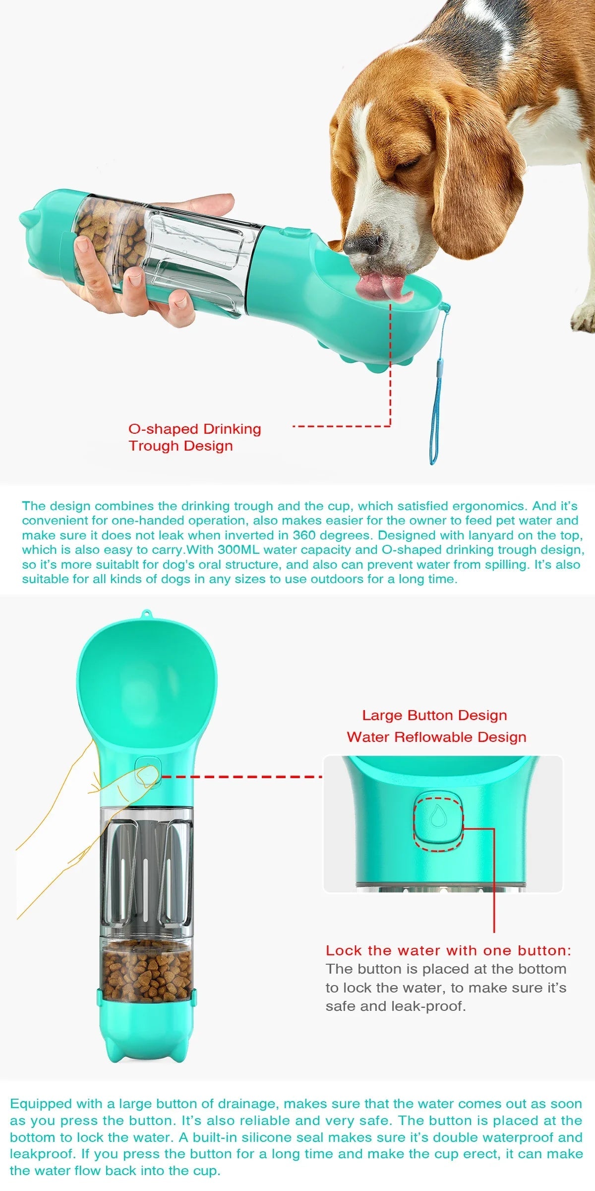 Portable cat and dog water bottle, food feeder, drinking fountain, 3 in 1 poop dispenser, leak proof, BLOOM CART