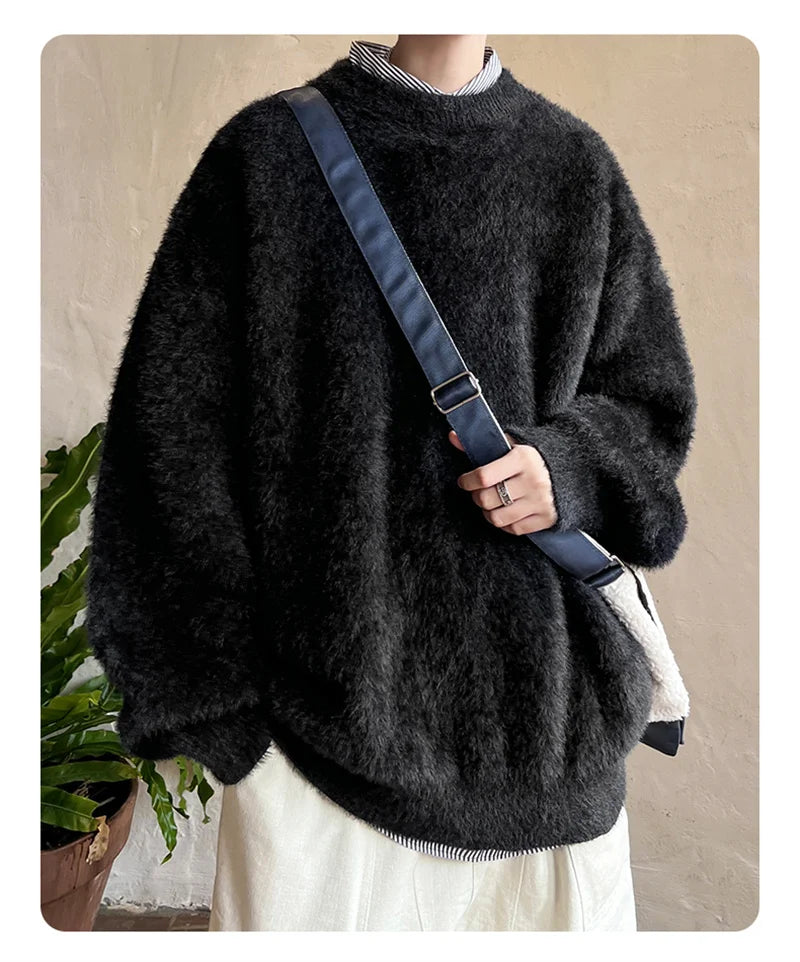 Autumn Men's Solid Fluffy Knitted Sweaters New Korean Fashion Loose Warm Pullovers Winter Couples Y2K Vintage Knitwear Jumpers - BLOOM CART