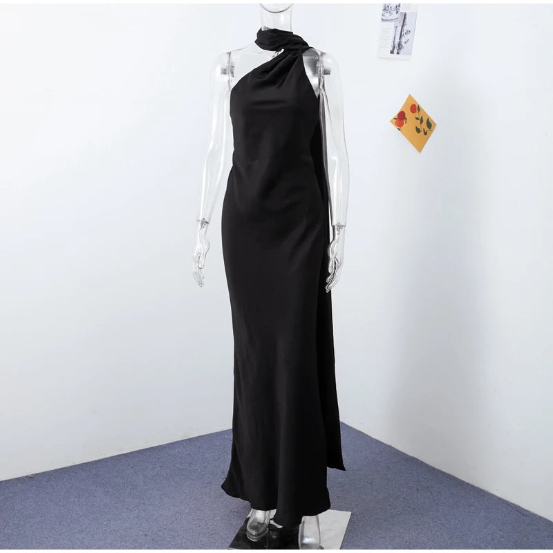 Elegant Solid Ribbon Women Halter Dress Off Shoulder Sleeveless Backless Slim Female Maxi Dresses 2025 Summer New Chic Lady Robe - BLOOM CART