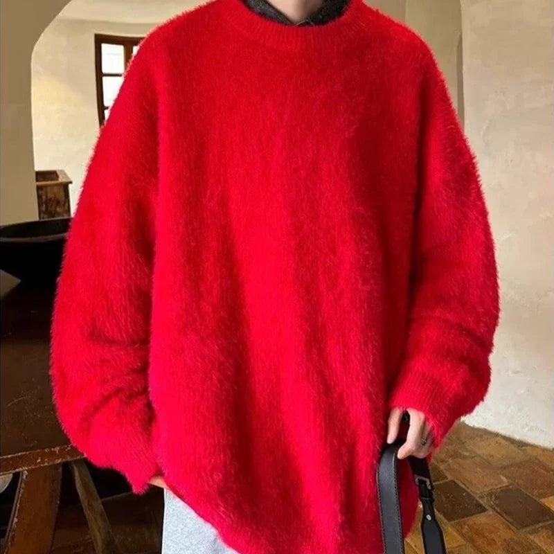 Autumn Men's Solid Fluffy Knitted Sweaters New Korean Fashion Loose Warm Pullovers Winter Couples Y2K Vintage Knitwear Jumpers - BLOOM CART