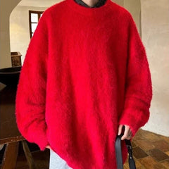Autumn Men's Solid Fluffy Knitted Sweaters New Korean Fashion Loose Warm Pullovers Winter Couples Y2K Vintage Knitwear Jumpers - BLOOM CART
